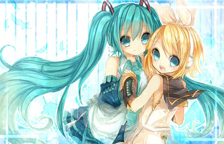 Hatsune Miku & Kagamine Rin - aqua, headset, music, anime girl, yellow hair, white, yellow, blonde hair, cool, aqua eyes, hatsune miku, skirt, song, vocaloids, program, vocaloid, beautiful, uniform, diva, nice, beauty, twintail, singer, aqua hair, black, virtual, pretty, idol, anime, miku, cute, girl, hatsune, microphone, headphones, blue, tie, awesome, blonde