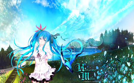 Hatsune Miku - sky, bird, wing, spring, hair long, girl, park, hatsune miku