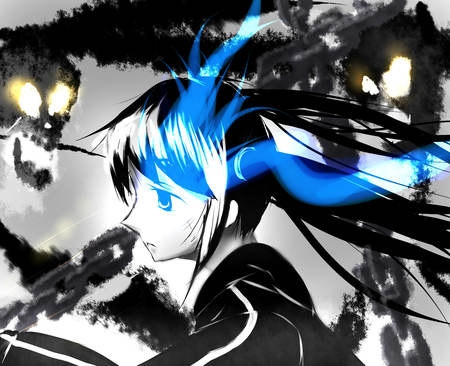 Black Rock Shooter - nice, beauty, sky, aqua, movie, cg art, brs, anime girl, black, black hair, white, art, pretty, cool, clouds, anime, aqua eyes, ova, artistic, girl, light, song, cg, chains, glow, blue, beautiful, digital, awesome, uniform, black rock shooter