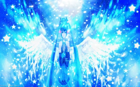 Angel Star - cloud, miku, wing, girl, blue, pray, light, star, angel, hatsune miku