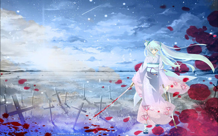 End of Life! - hatsune miku, sky, night, blood, rose, end, life, sword, miku