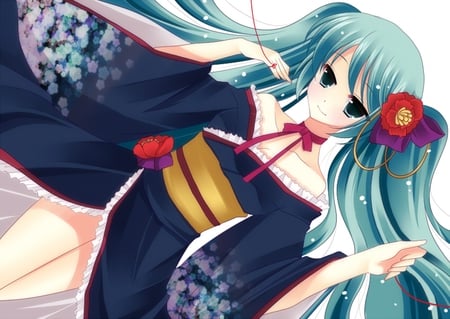 Hatsune Miku - aqua, hot, thighhighs, music, japanese, anime girl, white, art, purple, cool, digital art, aqua eyes, kimono, artistic, hatsune miku, sexy, song, vocaloids, program, vocaloid, beautiful, pink, diva, beauty, nice, cg art, twintail, singer, aqua hair, black, virtual, pretty, idol, anime, miku, cute, girl, culture, cg, hatsune, digital, awesome, flower