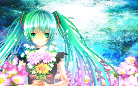 Flower Spring - sky, flower, miku, spring, hair long, hold, girl, hatsune miku