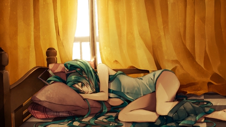 Hatsune Miku - tie, pretty, window, pink, light, uniform, bed, nice, sunlight, program, hot, thighhighs, beauty, virtual, cg, white, cute, aqua eyes, song, sexy, vocaloid, anime, twintail, strip, room, hatsune miku, music, aqua, art, sun, idol, pillw, anime girl, skirt, beautiful, curtains, singer, girl, cool, auqa hair, black, glow, miku, awesome, diva, digital, hatsune, vocaloids