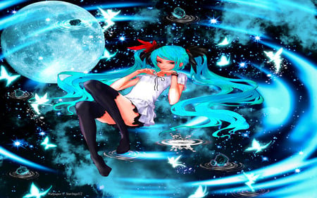 Miku's Dream Moon - moon, star, vocaloid, blue, water drop, girl, hatsune miku, night, sleep, miku, cloud, butterfly, hair long