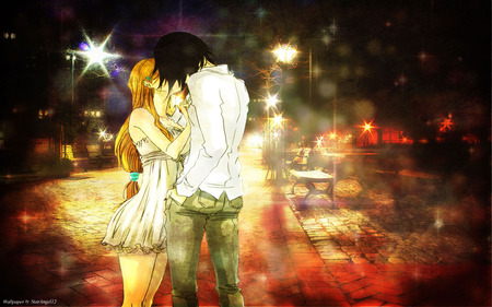 Night Date - orihime, bleach, ulquiorra, date, night, light, park