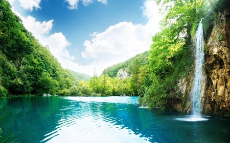 Waterfall - nature, sky, trees, waterfall