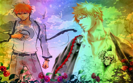 Ichigo Kurosaki - bird, anime, cool, male, hair orange, bleach, cloud, rose, ichigo kurosaki, color, sky