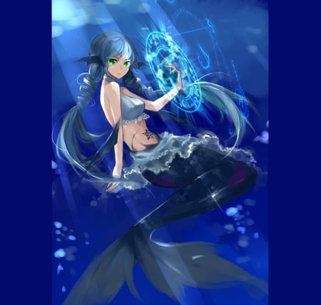 Green Eyed Magic - beauty, sexy, female, magic, water, fantasy, face, green eyes, fins, pretty, mermaid, under water, beautiful, anime, pixiv fantasia, cute