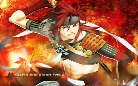 Honor Warrior! - sanosuke, sun, warrior, hakuouki shinsengumi kitan, leaf, sanosuke harada, shinsengumi, red, leaves, sword