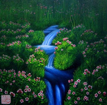 Blue waterfall - warerfall, green flowers, lovely, blue