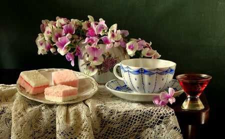 Desserts - drink, flowers, cakes, saucer, lace cloth, teacup, still life