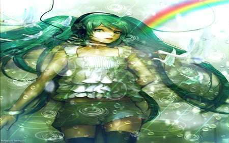 Alone Rain - hatsune miku, rainbow, duck, water drop, girl, rain, hair green, anime, hair long, miku, fly