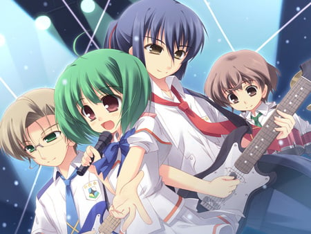 Frontier Band Club - guitar, drummer, band, bass, high school student, concert, macross, mic, luca, macross f, anime, alto, green hair, michael, ranka lee