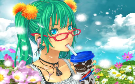 Wing Spring - anime, girl, spring, hatsune miku, flower, drink, glesses, miku, cloud, sky