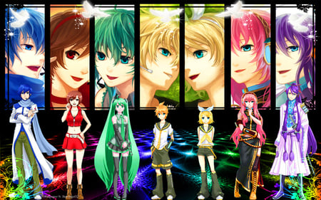 VoCaLoIdS! - luka, kumui, meiko, miku hatsune, vocaloids, hatsune, rin, kagamine, miku, color, megurine, birds