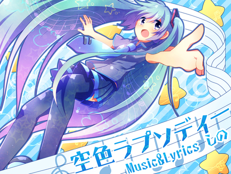 Hatsune Miku - tie, pretty, uniform, nice, program, thighhighs, beauty, gold, virtual, cute, aqua eyes, song, vocaloid, anime, yellow, blue, twintail, hatsune miku, song notes, stars, music notes, music, aqua, notes, idol, anime girl, skirt, beautiful, singer, girl, cool, miku, awesome, diva, aqua hair, hatsune, vocaloids