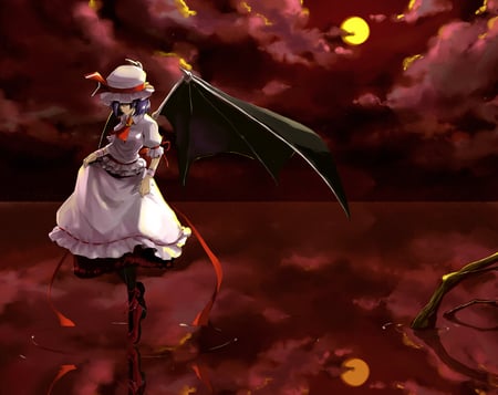 Bloody Nights - remilia scarlet, dark angel, sky, branch, wings, water, touhou, dark, clouds, anime, cute, moon, lake, girl, night, red, scenery