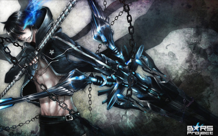 Kaito - male, hair black, gun, chain, kaito, black, vocaloids, dark, light eye, sword, black rock shooter