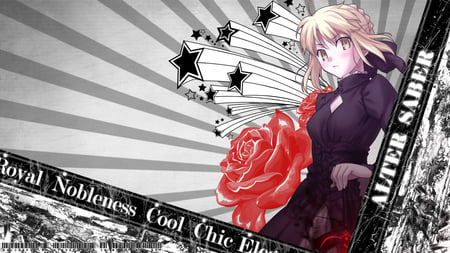 The Princess of Darkness - saber, game, anime, dark saber, flower, stars, dark, black, red, rose, fate stay night, excalibur