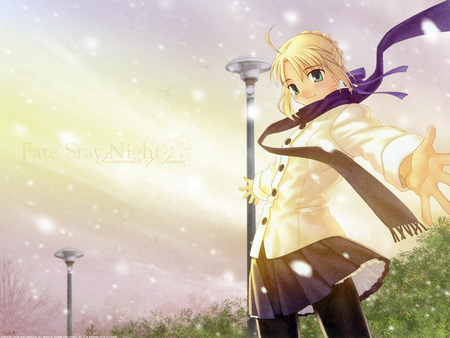 Innocence of Snow - saber, female, girl, park, scarf, fate stay night, white, arturia, game, snow, anime, smile