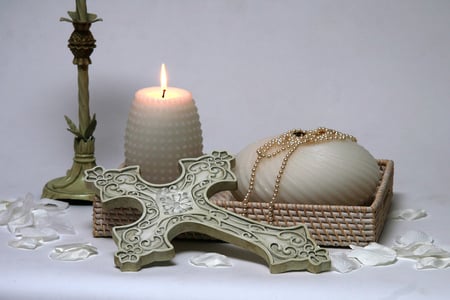 Still life - abstract, pearls, elegant, photography, candle, flame, photo, petals, still life, religious, candlelight, white, petal, cross