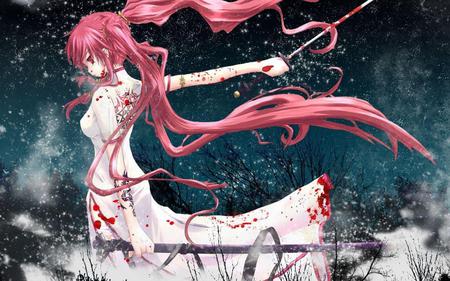 Kill-Bill-winter-garden - beauty, nice, girl, hair, blood, pink, anime, sword, dress