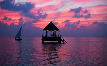 Romance on the seas - lights, lanterns, pavillion, beautiful, ocean, fire, sunset, steps, sailboat, woman, purple, pink, water, romance, clouds, sea, romantic, man