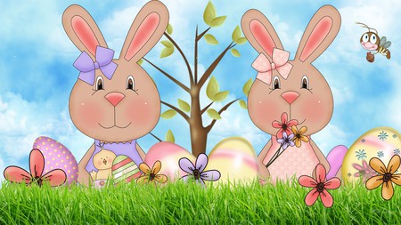 Cute Spring Bunnies - eggs, bee, rabbits, spring, grass, bunny, firefox persona, sweet, tree, easter, flowers, bunnies, colored eggs, sky