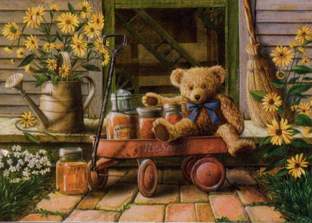 teddy delivery - sunflowers, watercan, door, bear, wagon, broom, jars