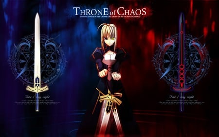 Throne of Chaos - saber, anime, blue, swords, saber alter, dark saber, evil, dark, black, red, fate stay night, good, excalibur