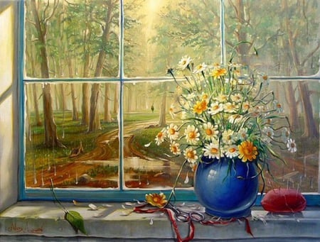 rain - window, trees, rain, flowers, yard, vase