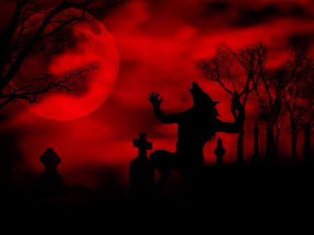 Werewolf - moon, graveyard, cemetery, red, full-moon