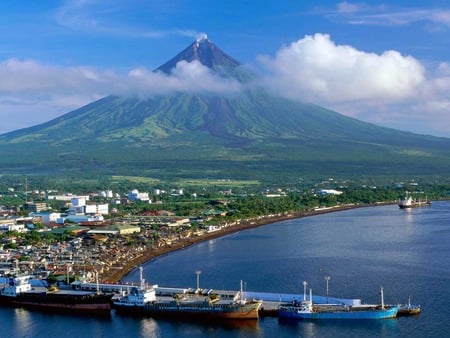 Beautiful Mt. Mayon - trees, water, nature, beautiful, ocean, mountains, sky