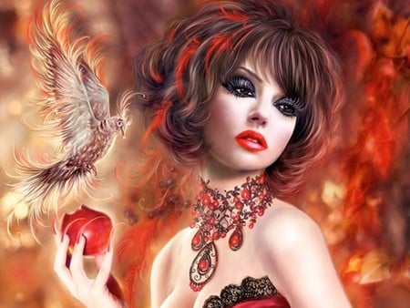 fantastic girl - woman, jewelry, jewellery, girl, lovely, fire, fantasy, bird, abstract, gorgeous, 3d, red, beautiful, color, apple