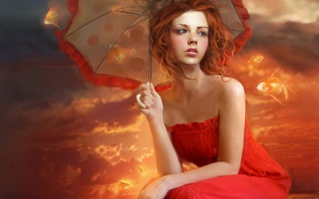 Fantasy painting - girl, fantasy, red, light