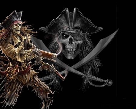 pirate skeleton - skull, pirates, wallpaper, fantasy, abstract, 3d, weapon, sword, skeleton, pirate