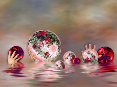 Red Hand Bubbles - abstract, hand, water, flowers, bubbles