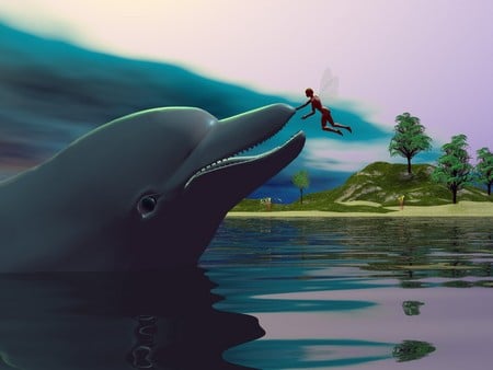 encounter - lake, dolphin, fantasy, 3d, fairy, abstract