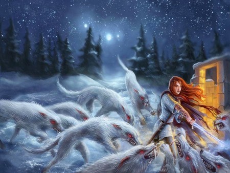 white werewolves - werewolf, abstract, fantasy, wolf, warior, girl, weapon, 3d