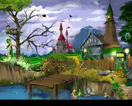 Fantasy Land !!! - moon, fantasy land, lake, sky, mountain, background, girl, trees, water, fantasy, bird, abstract, home, green, house, tree