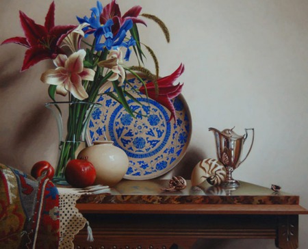 lilys - flowers, shell, plate, silver, fruit, table