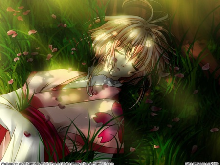 will this be my end? - sunlight, eye closed, girl, shadows, beams, deep sleep, pink, anime, kimono, flowers, grass, cute, short hair, blonde