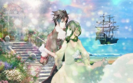 Beautiful Day Dance! - sky, beach, light, hakuouki shinsengumi kitan, okita souji, yukimura chizuru, cage, stair, ship, flower