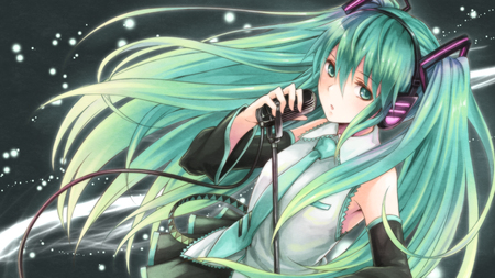 Hatsune Miku - aqua, headset, music, anime girl, white, art, cool, aqua eyes, artistic, hatsune miku, skirt, song, vocaloids, program, vocaloid, beautiful, pink, uniform, diva, nice, beauty, twintail, singer, aqua hair, black, virtual, pretty, idol, anime, miku, cute, girl, cg, hatsune, microphone, headphones, tie, digital, awesome