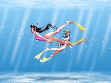 deep in the ocean - anime, water, ocean floor, bikinis, ocean, light, girls, deep, beams, flipers, sun