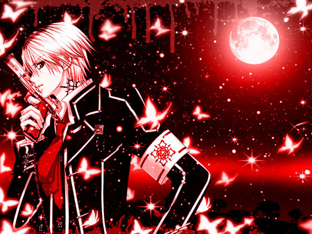 Zero Kiriyuu - anime, gun, moonm blood, night, zero kiriyuu, male, vampire, butterfly, vampire knight