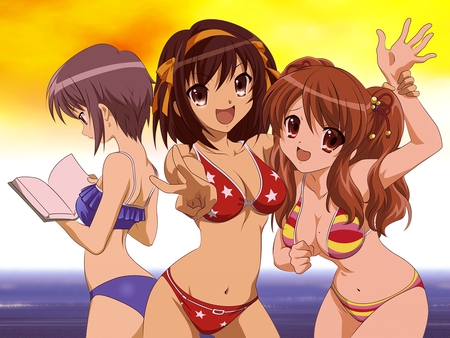 Yuki,Suzumiya,and Mikuru - bow, nagato, bikini, asashina, haruhi