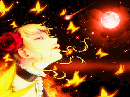 Umineko No Naku Koro - moon, butterly, star, umineko naku koro, female, night, beatrice, rose