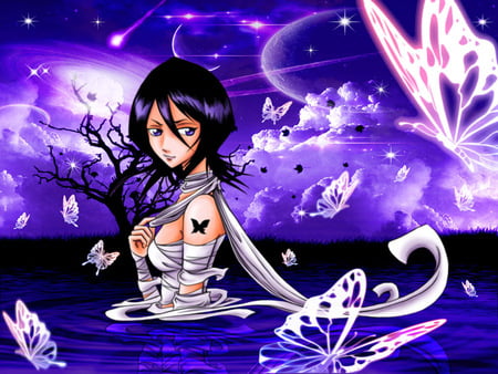 Dream of Butterfly - moon, rukia, bleach, female, fall star, night, water, dream, star, butterfly, laker, cloud, anime, tree